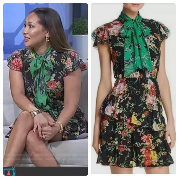 ALICE + OLIVIA Lessie Tiered Floral Tie-Neck Dress - Picture 6 of 10